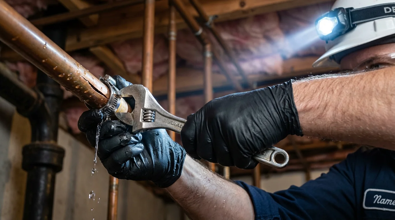 Emergency pipe clamp repair being performed by a Johns Plumbing LLC plumber in Bozeman